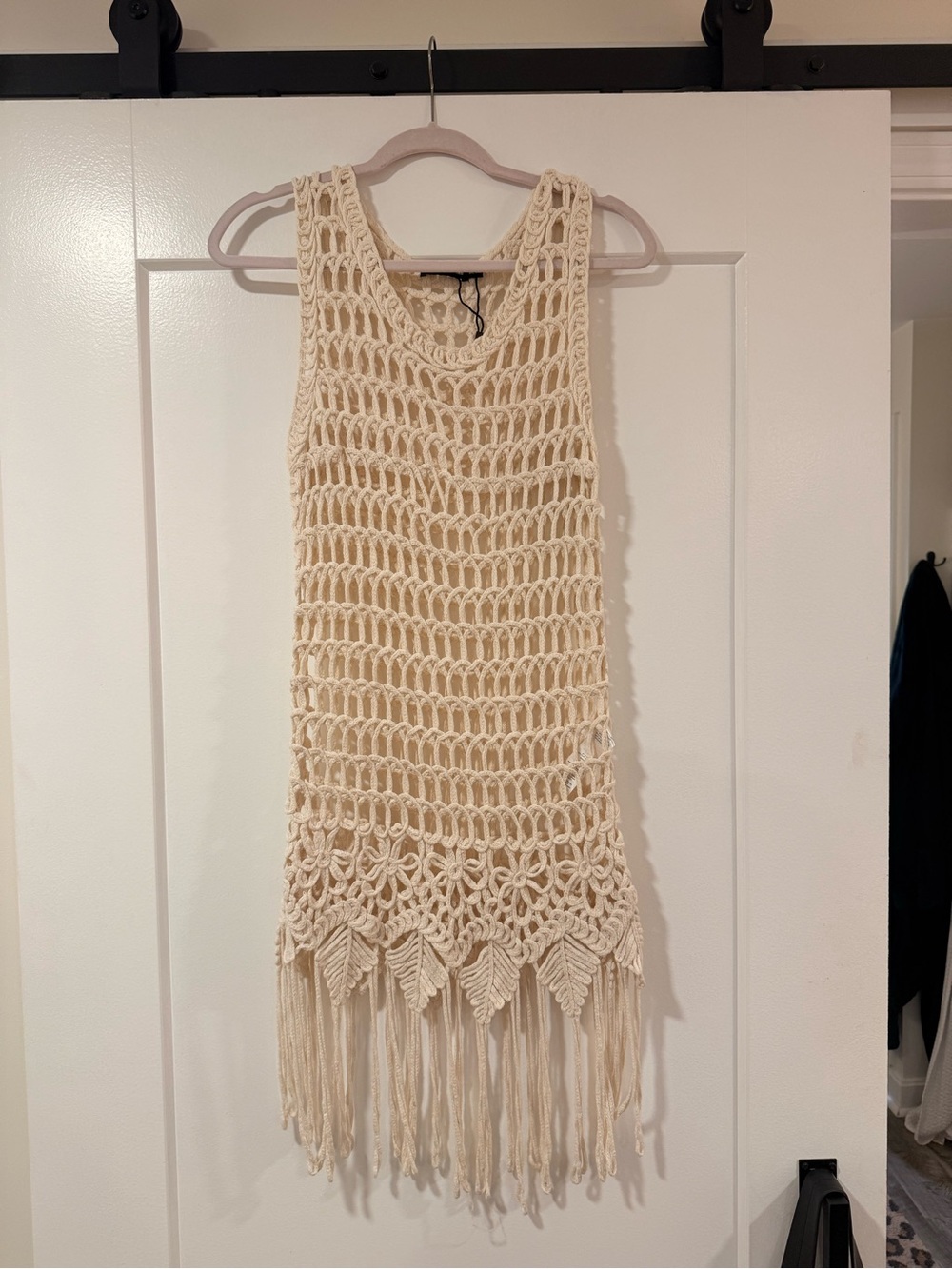 PrettyLittleThing Cream Crochet Fringe Mini Dress